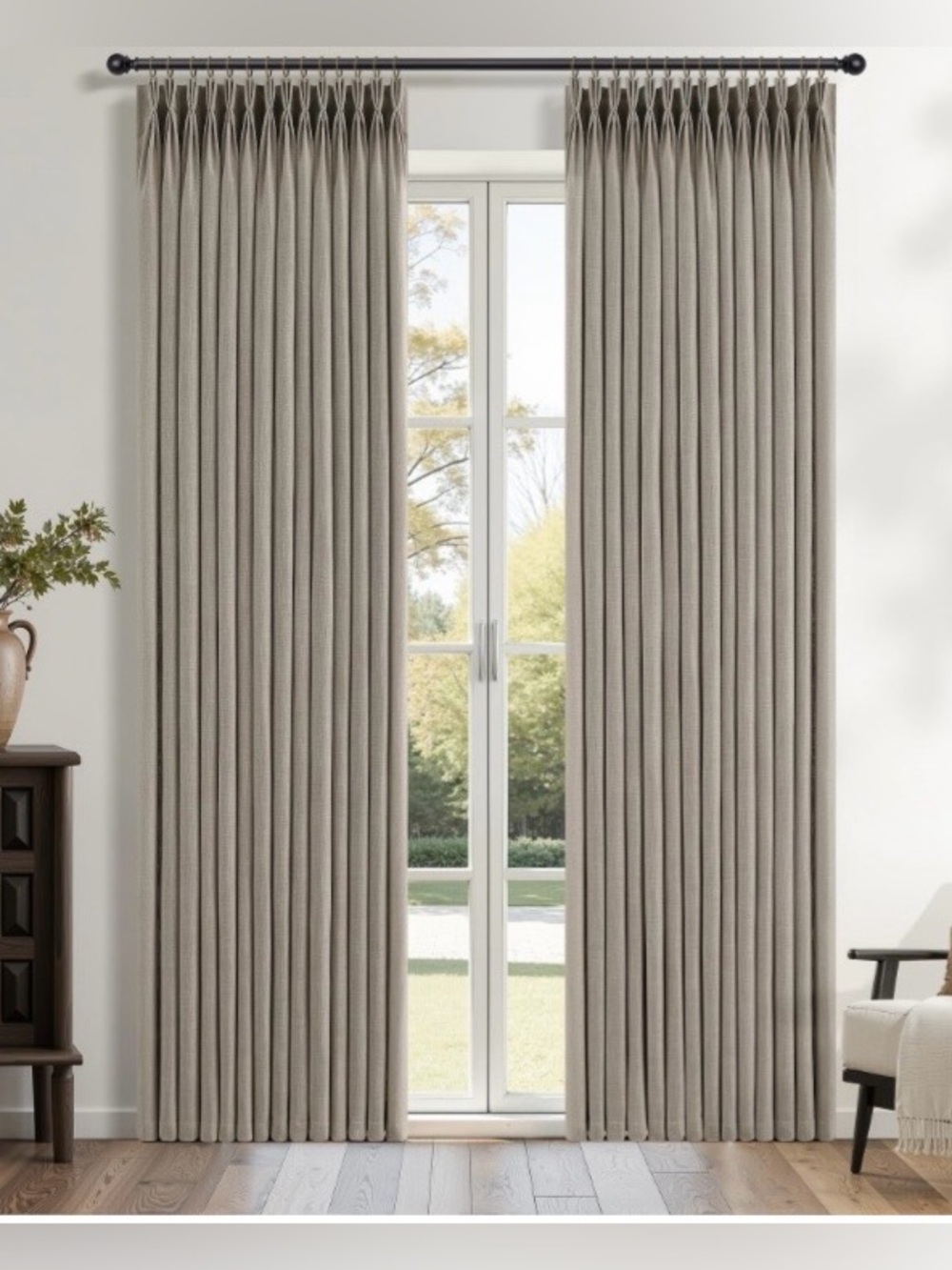 Gray Beige Linen Blend Pinch Pleat Curtains 84”L (2-panels)